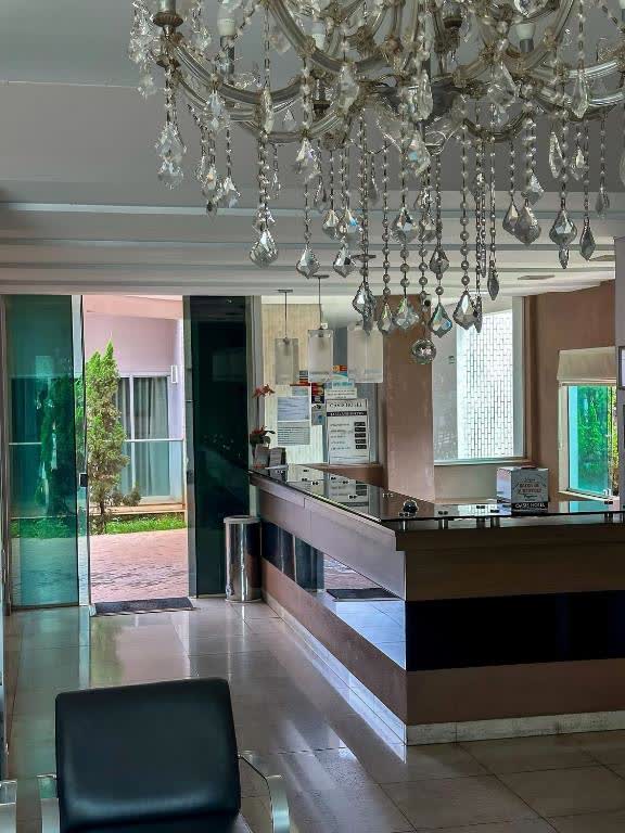 Elegant lobby with crystal chandelier